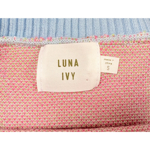 Luna Ivy Strawberry Checkerboard Knit Sweater Blue Pink Y2K Kawaii Pastel S - Picture 9 of 11